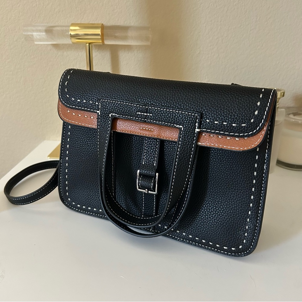 Color Combo Front Buckle Folded Leather Shoulder Bag 25cm Black + Brown